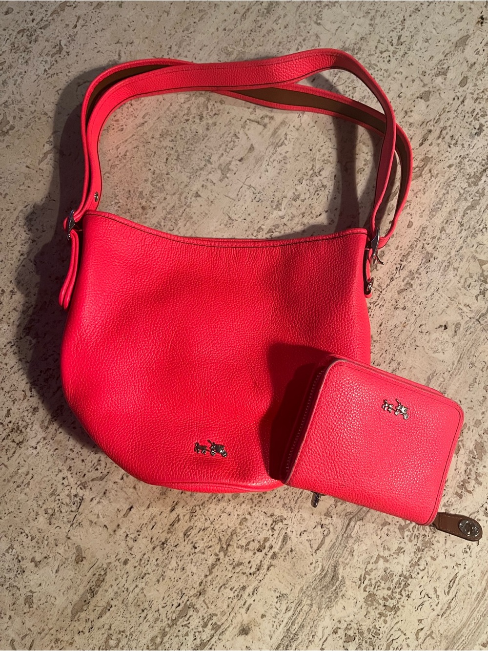 Coach Pebble Leather Shoulder Bag and Zip Wallet in Neon Pink